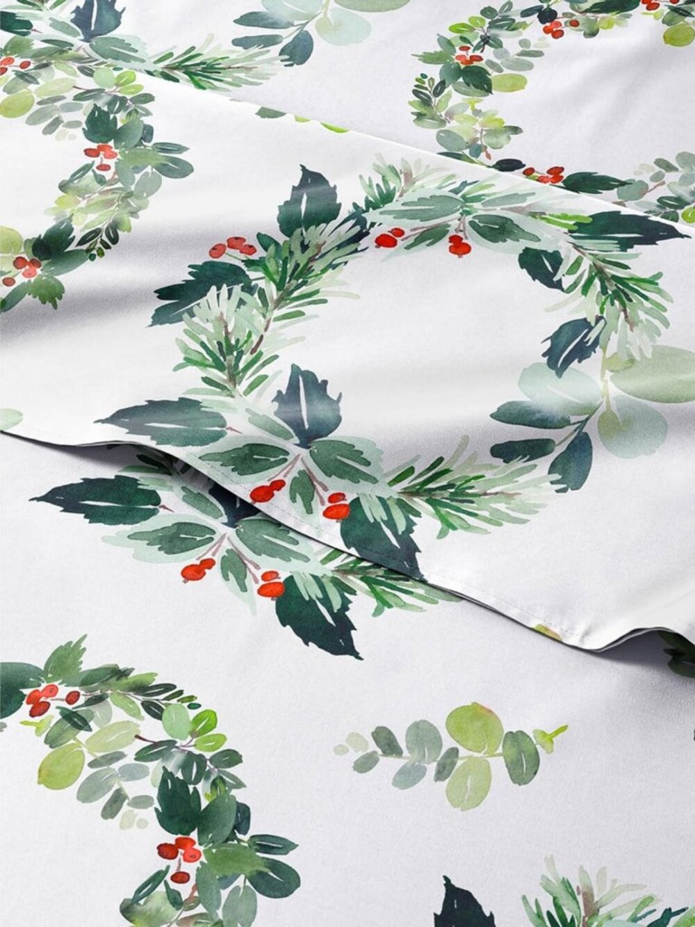 Christmas Holiday Sheet Set - Festive Bedding, Split King Size, Wreath Design